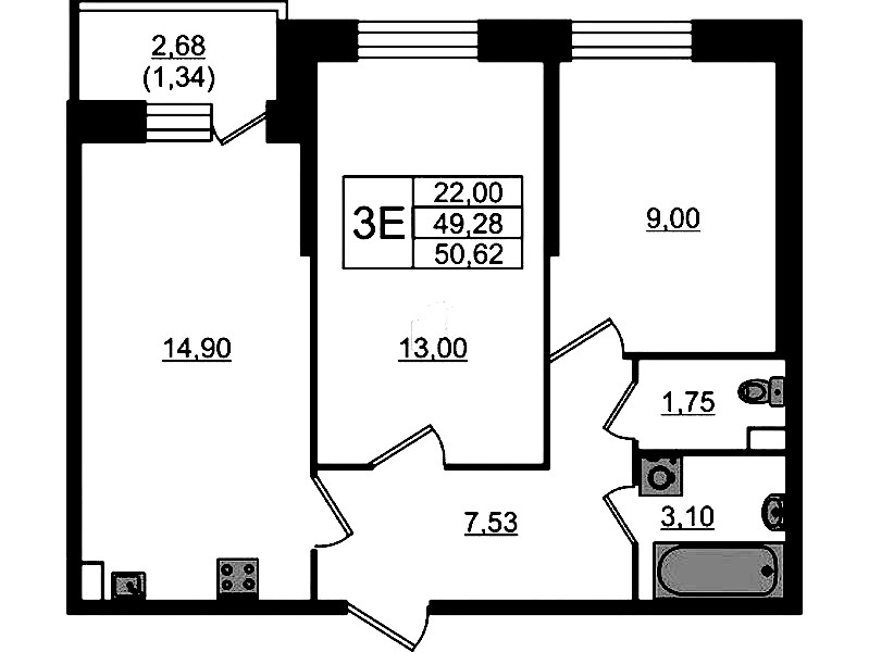 2-комнатная квартира 50.62 м², 2/23 эт., ЖК «Живи! В Рыбацком»